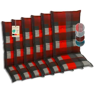 GO-DE Textil Bequeme und attraktive Polsterauflagen für Hochlehner-Gartenstühle (6er-Set, Karo rot, Hochlehner)