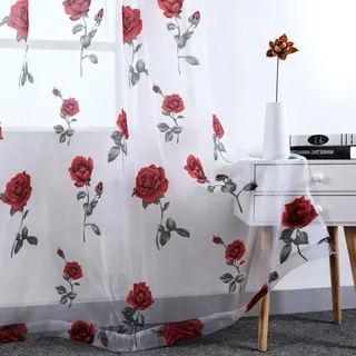HUTO Weihnachts-Stangentaschen-Vorhänge für Wohnzimmer, 213 cm, lang, rote Rosen-Vorhänge, durchsichtige Vorhänge für Mädchen-Schlafzimmer, 2 Paneele