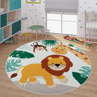 TT Home Kinderteppich Babyzimmer Teppich Kinderzimmer rutschfest Tiere Weltkarte Autos, Farbe:Grün Beige Blau, Größe:160 cm Rund