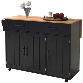 REDOM Sideboard Multifunktionale Kücheninsel (Kücheninsel mit Klapptisch & Stauraum, Schubladen & Rollen, 1 St., 5 Räder, 3 Tür), mit Ausziehbare Arbeitsplatte,Massivholzbeine umschaltbar schwarz