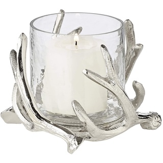 EDZARD Windlicht Kerzenhalter Kingston im Hirschgeweih Design, Silber, Aluminium vernickelt, mit Glas, Höhe 13 cm, Durchmesser 15 cm