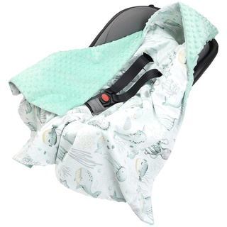 Medi Partners Einschlagdecke 100% Baumwolle 85x85cm Kuscheldecke für Kinderwagen Babyschale universal Baby Decke doppelseitig Babydecke Buggy Autositz (Ozean mit Mint Minky)