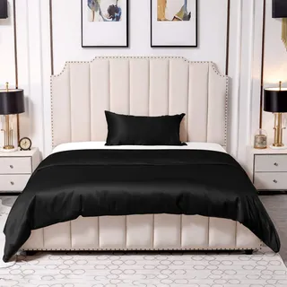 THXSILK 25 Momme Seidenbettwäsche Set 2 teilig, Bettbezug 155 x 220 cm und 40 x 80 cm Kissenbezüge, Hypoallergen Maulbeerseide Bettwäsche Set, Ultra Weich und Glatt, Schwarz