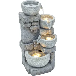4-stufiger Kaskaden-gartenbrunnen Mit Stein- Und Ziegeloptik Und Led-beleuchtung, 28 X 25 X 54,5 Cm, Grau