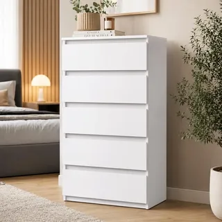 MRBLS_HOME Kommode mit 5 Schubladen - Holz Sideboard 70x115x33,5 cm (B/H/T) - Schmale Kommode für Schlafzimmer & Flur - Regal mit Schubladen - Schrank mit Schubladen - Modernes Möbelstück (Weiß Matt)