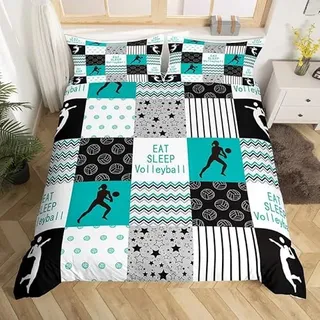 Loussiesd Volleyball Betten Set Sports Spiel Bettwäsche Set 135x200cm Volleyball Spieler Bettbezug Set für Kinder Mikrofaser Grün Schwarz Weiß Geometrie Bettdeckenbezug Mit 1 Kissenbezug