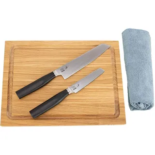 KAI Tim Mälzer Kamagata Messerset | Officemesser (TMK-0700) +Allzweckmesser (TMK-0701) + KAI-Schneidebrett aus Eiche, 30x22 cm + Poliertuch | VK: 199,- €