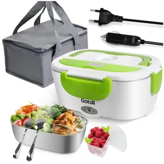 Gotoll Elektrische Lunchbox 1,95L Elektrische Lunchbox Brotdose 110V-220V für Auto & Zuhause, (60W Schnellheizung, Edelstahl‐Innenbehälter), Elektrische Bentobox mit Löffel  Gabel & Lunchbag Set weiß