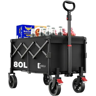 sunula Bollerwagen Faltbar Klein 80L 100KG, Faltbarer Bollerwagen Klappbarer Handwagen mit Halbiertem Eigengewicht, Bollerwagen Geländegängig mit Bremsen, Schwarz