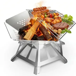 Tragbare Feuerstelle Edelstahl füR Outdoor Den Garten Camping,Dreibein füR Feuerschale Faltbar Mit Grill Grillrost,Camping Feuerschale füR Mit Grillplatte Schaschlikgrill Picknick,Grill AktivitäTen