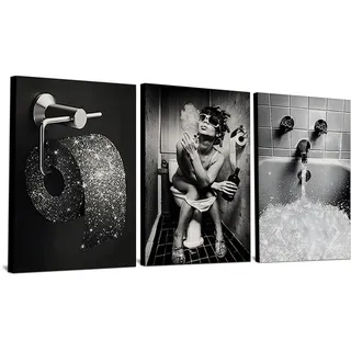 Modische Toilette Sexy Schönheit – Badezimmer-Kunstposter – Schwarz und Weiß Badezimmer Modern Damen Lustiges Poster – Rahmenlos (3 Stück - 30 x 40 cm)