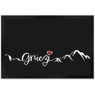 speecheese Fußmatte XL in 40x60 cm mit Grüezi-Schriftzug Herz und Bergen Schweiz Fußmatte XL in 40x60 cm in grau, weiß und rot Geschenkidee Gebirge Hochgebirge mit Herz
