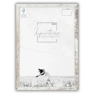 Infantasie 'N°2' Bilderrahmen 20x50 handgefertigt nach Maß | Vintage Weiss | MDF Holz-Design Collage Rahmen inkl. Kunstglas und Metall Aufhänger (Querformat & Hochformat)