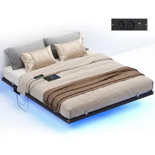 VASAGLE Bettgestell 180 x 200 cm mit LED-Beleuchtung, USB-C-Anschluss, Steckdosenleiste, Schlafzimmer, trägt bis 500 kg, schwarz - Schwarz