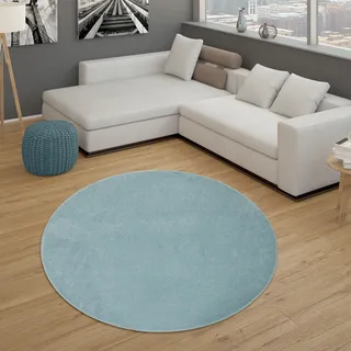Paco Home Teppich Für Wohnzimmer Einfarbig Kurzflor Schlicht Und Modern, In Türkis, Grösse:Ø 120 cm Rund
