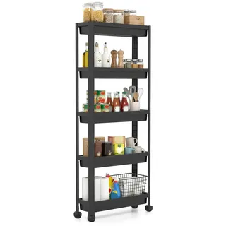 COSTWAY Rollwagen, schmal Nischenregal Küchenwagen auf Rollen Kunststoff schwarz 54 cm x 124 cm x 18.5 cm