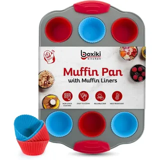 Muffinblech Mini 12er mit Silikon Muffin Foermchen Wiederverwendbar, Antihaft Muffinform Stahl Backblech für Mini Cupcakes Egg Bites Brownies, Spuelmaschinengeeignet Hitzebestaendig bis 232 Grad