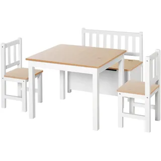 HOMCOM Kindersitzgruppe mit Kindermöbel für 3+ Jahre 4 Stück Natur+Weiß | 1er-Pack, Kindertisch, Kinderstuhl, Kinderbank, Kiefernholz MDF