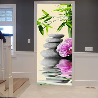 A.Monamour Türtapete Selbstklebend Türfolie Türposter 3D Grüne Bambus Blätter Lila Orchideen Blühen Einen Haufen Spa Stein Vinyl Folie Türdeko Tapete Wandbild Türaufkleber Türtattoo 77 x 200 cm