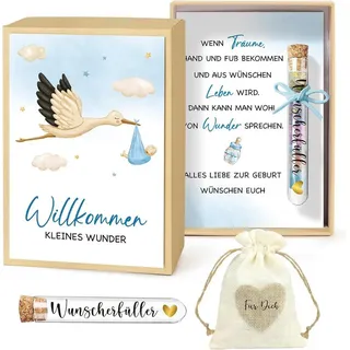Wiladu Spardose Wiladu Geburt Geschenk Reagenzglas Jutesäckchen Grußkarte blau