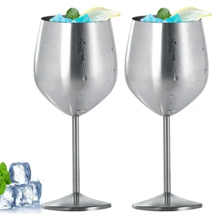 2 Stück Weingläser Aus Edelstahl, Edelstahl Rotweingläser 500ml, Rotweinglas Mit Metallstiel, Bruchsichere Weingläser Weinglas Weinbecher Champagner Gläser Set Für Partys Picknicks Camping(Silber)