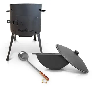 Utschak Feuerofen mit Gusseisen Topf flacher Boden mit Deckel (10 L) Kazan Schaumlöffel 48 cm KazanoFF, Учаг, Outdoor, Feuerschale, Camping, Kasan, Gulaschkanone Dutch Oven (Set 3)