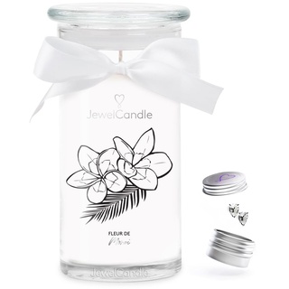 JuwelKerze Fleur de Monoi Ohrringe Silber - Schmuckkerze 80 Std - große Duftkerze im Glas mit Kokosnuss Duft - Kerze mit Schmuck - Geschenke für Frauen, Geburtstag