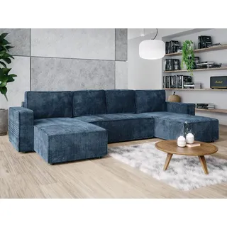 Wohnlandschaft U-Form XXL mit Schlaffunktion und Bettkästen 338x169 Cord Poso Dunkelblau BRIK XL - Blau