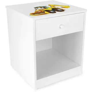 Leomark Nachttisch aus Holz - Herr Bagger - Nachtschränkchen mit Schublade, Nachtschrank für Kinder, Weiß Nachtkonsole mit Aufdruck, Höhe: 40 cm