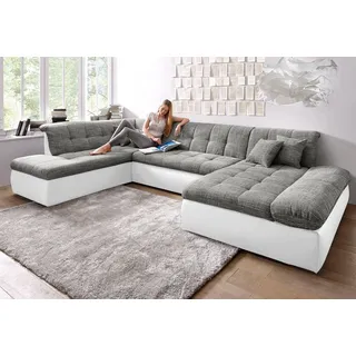 DOMO collection Wohnlandschaft MORIC 353x216x80 cm, mit viel Platz, U-Form, auch in Cord, im XXL-Format, wahlweise mit Bettfunktion und Armlehnenverstellung grau|weiß