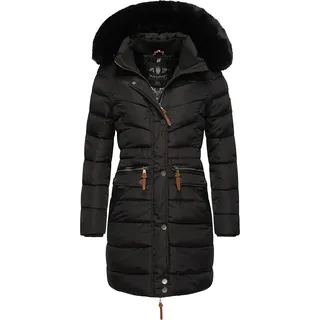 Navahoo Damen Wintermantel warmer Steppmantel lang mit abnehmbarer Kunstfell-Kapuze Paula Black with black fur Gr. XL - XL