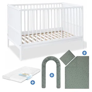 Pinolino Babybett-Komplett-Set Carla Buche teilmassiv lackiert  3-fach höhenverstellbar, 3 Schlupfsprossen inkl. Bettwäsche, Bettschlange & Matratze 70 x 140 cm - Wal - Weiß