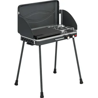 Outsunny Tragbarer Gasgrill 2 Brenner 7 kW 2-in-1 Tischgrill mit Braten klappbar Beine Grillrost Windschutz Deckel Verschluss Antihaftbeschichtung, Campinggrill Outdoor Tischgasgrill für BBQ Camping   Aosom