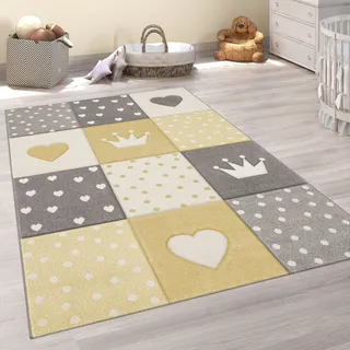 Paco Home Teppich Kinderzimmer Kinderteppich Junge Mädchen Pastell 3d Punkte Herz Gelb 140x200 Cm