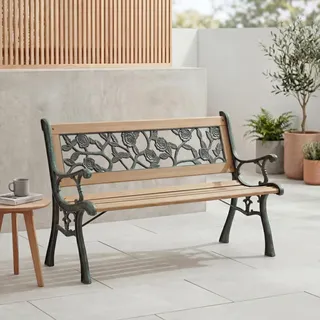Home Discount Garden Vida Gartenbank, Rosen-Design, 3-Sitzer, für den Außenbereich, Holzlatten, Beine aus Gusseisen, Parkbank, Terrassensitzmöbel