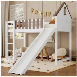 Merax Hochbett (Kieferholzbett, Etagenbett mit Dach und Fenster) Kinderbett 90x200cm mit Rutsche und dreistufiger Leiter, Haus-Design weiß