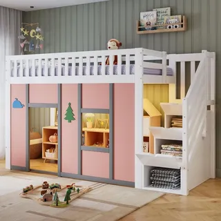 STILVORA Kinder Hochbett 90x200cm mit Stauraumtreppe und LED-Beleuchtung, Halbhochbett mit Spielbereich und Rausfallschutz, Kinderbett mit Deko-Mot...