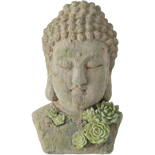 Buddha Kopf Deko Figur, Büste mit Lotusblumen, Kunstharz grau grün, H 35 cm