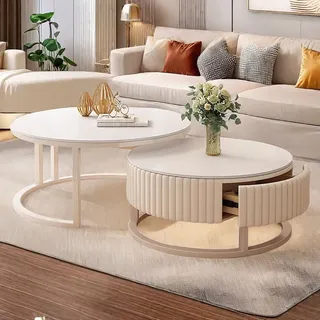 HRXQ Nesting Runder Couchtisch 2er Set Weiß Wohnzimmertisch Rund Wohnzimmer Tisch 70cm+50cm Sofatisch Für Schlafzimmer Wohnzimmer