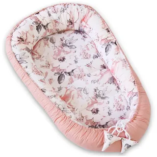 PIMKO Babynest Babynestchen für Baby Kuschelnest 2-seitig Babykokon für Säuglinge und Neugeborene Babynestchen 100% Baumwolle Nestchen geeignet für Zuhause 55 x 90 cm Rosa/Blumen