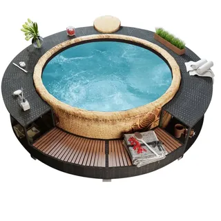ChicAbode Whirlpool-Umrandung Schwarz Poly-Rattan Schwimmbecken Poolumrandung Hartholz Rund Pulverbeschichteter