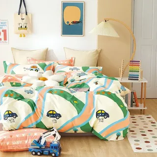 Kinderbettwäsche-set 160x200 Cm, Cremefarben, Grün, Orange, Mit Niedlichen Autos