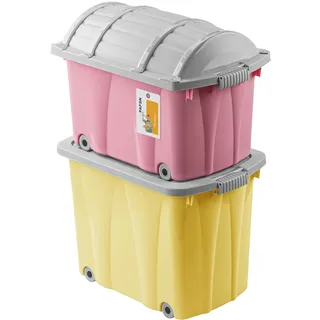 PAFEN Piraten Spielzeugkisten SET  2x Schatzkiste 49l + 62l mit Rollen Gelb/Rosa