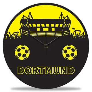 GRAVURZEILE Wanduhr aus Holz Vereinsliebe Dortmund - 100% Lautlos kein Ticken absolut geräuschlos - 30 cm Ø - Design Wanduhren für Wohnzimmer Schlafzimmer & Küche Farbe Dortmund V2