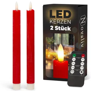 Novaliv Stabkerzen LED mit Timer ROT 2er Indoor mit 6 Stunden Timer - ECHTWACHS 23cm Höhe für Kerzen 2,2cm Durchmesser 2 AAA Batterien notwendig LED Stabkerzen flackernde Flamme bewegliche Flamme
