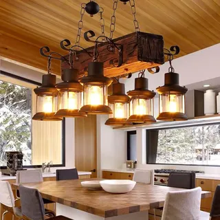 FWX Pendelleuchte Rustikale E27 Holz Lampen Vintage Eiche Hängeleuchte Esstisch Esszimmer Kronleuchter Industrial Metal Hängeleuchte Retro Deckenlampe Industrielampe Landhaus Leuchte Bar Droplight