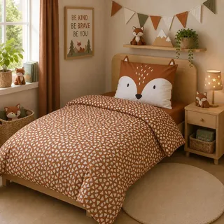 Kinder Bettwäsche Set 135x200 80x80 cm süße Fuchs Bettwäsche mit Ohren, 2 teilig, Renforcé aus 100% Baumwolle mit Reißverschluss - Rot