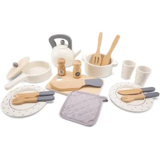 Woet® Holzspielzeug Geschirr und Topfset für Kinder - 20 Teile mit Topf, Pfanne, Kessel, Tellern und Besteck - Rollenspiel Geschirrset - Rollenspiel für Kinderküche - Ab 2 Jahren