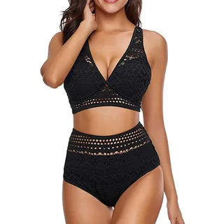 Lazzboy Damen Zweiteilige Häkelspitze Badeanzug Mit Hoher Taille Und V-Ausschnitt Spitze Tankini Bandeau Bikini Sets Zwei Stück Beachwear Gepolstert(Schwarz,XL) - XL