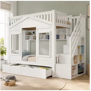 Flieks Etagenbett, Hausdesign Kinderbett 90x200cm mit Schubladen und Stauraumtreppe weiß